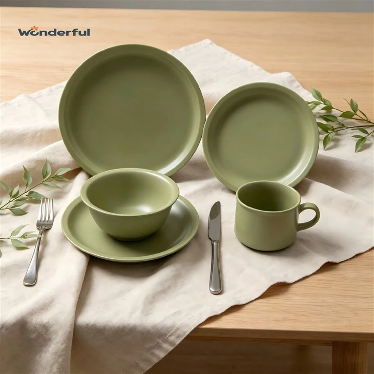 Saliegroene minimalistische steengoedserviesset